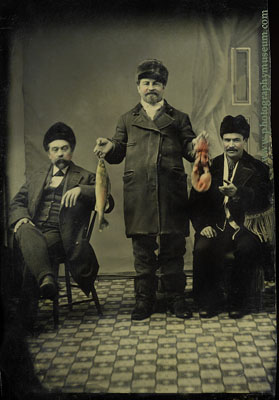 tintype of three men with fish and lobster - included in the book Daguerre's American Legacy