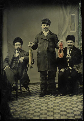tintype, three men with fish and lobster, included in the book Daguerre's American Legacy tintype of three men with fish and lobster - included in the book Daguerre's American Legacy