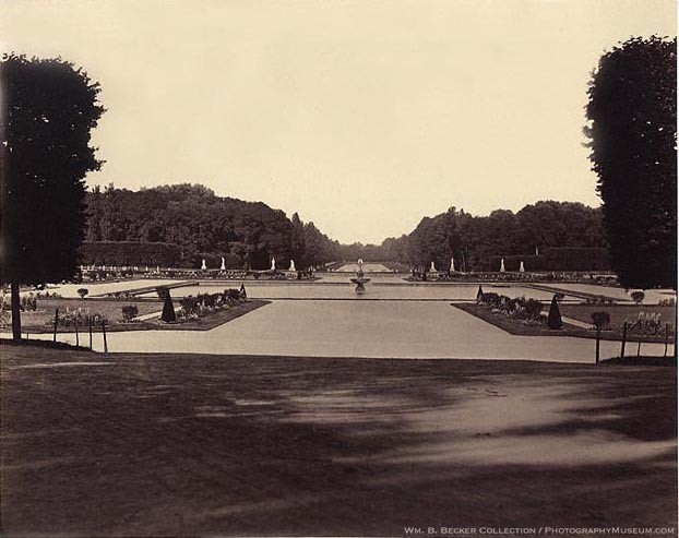 Achille Quinet, “Parc de Fontainebleau,” c. 1868 — a formally laid-out French garden of clipped hedges with a patch of sunlight across the foreground